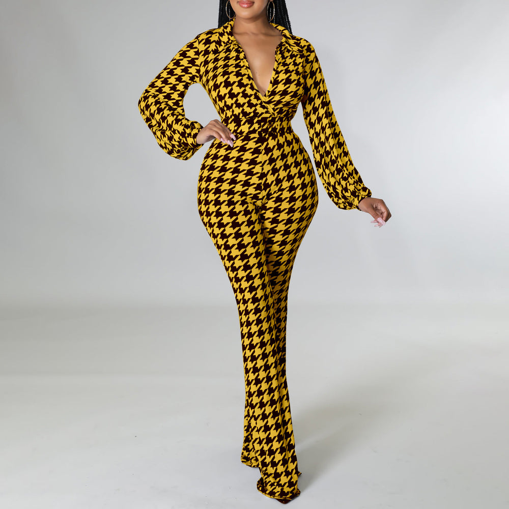 C8559 cross-border women's fashion  autumn/winter new arrival v-neck puff sleeve cinched waist printed wide-leg plus size african jumpsuit