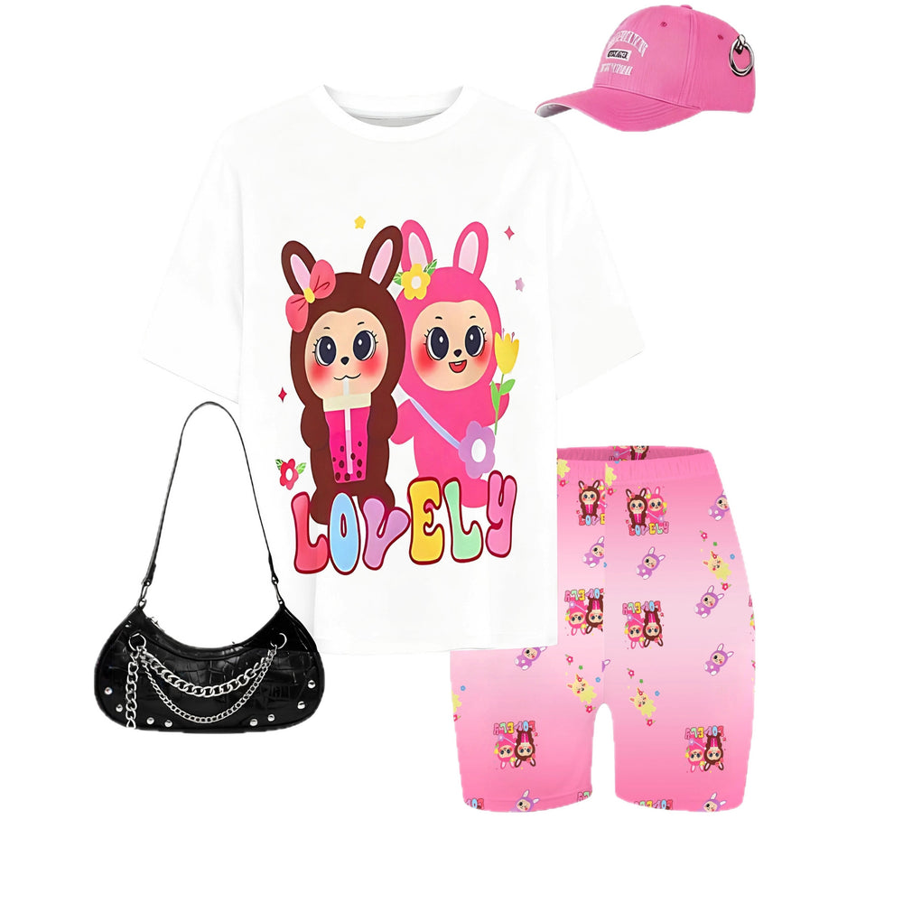 Girls' t-shirt and shorts set featuring a cartoon short-sleeve design and printed graphics, perfect for casual streetwear