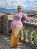 European and american cross-border women's fashion:  autumn new arrival - long sleeve crew neck slim-fit gradient sheer maxi dress