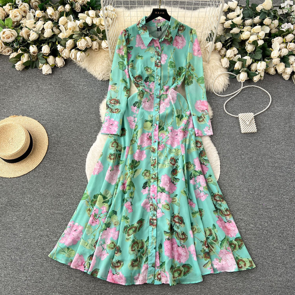 Frenchretro style floral shirt collar dress women's spring waist slimming lookclassy senseaccessible luxury socialite large swing skirt