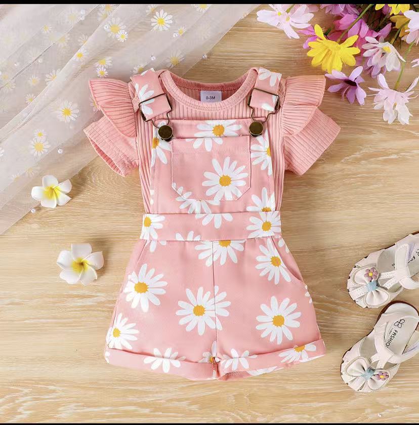 Amazon spring new girls' baby outfit set: solid color short-sleeve top with printed overalls two-piece set
