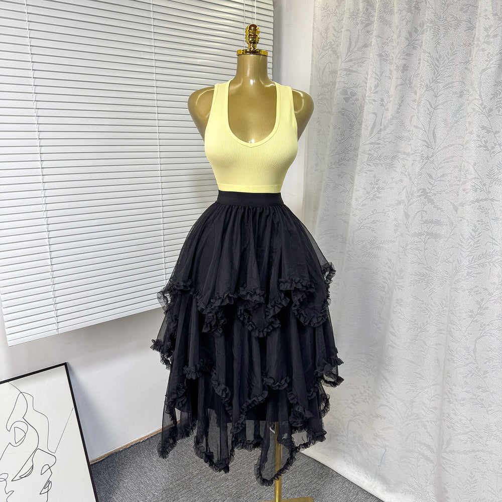 export elastic waist mesh ruffle asymmetrical tiered cake skirt midi high waist a-line midi skirt