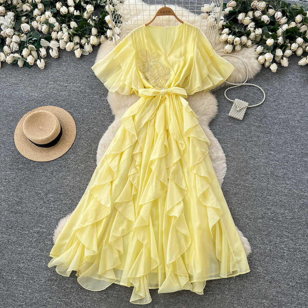 French chic v-neck flutter sleeve dress - new  collection: slimming, figure-flattering, ruffle hem maxi dress for an elegant and refined look