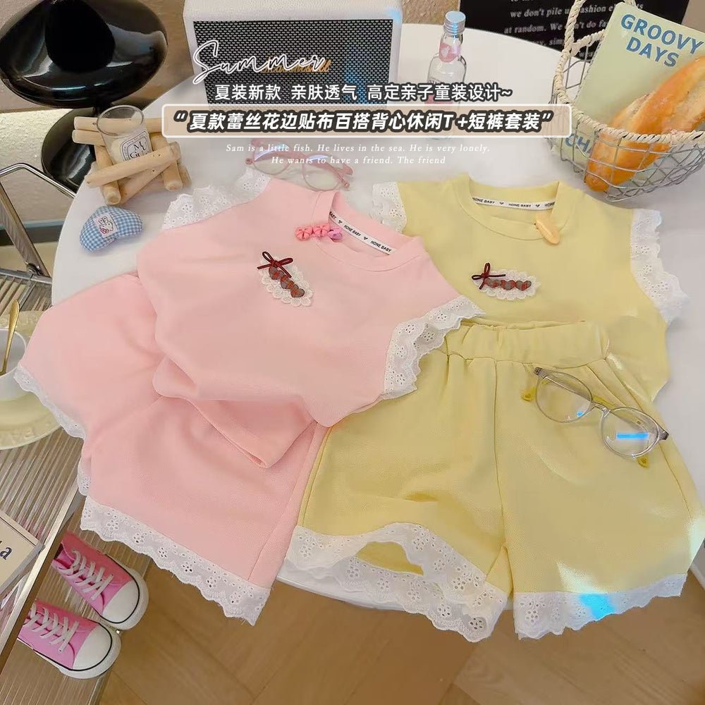 Girls' summer outfit: stylish baby set,  new summer collection, kids' lace sleeveless tank top and shorts two-piece set - wholesale