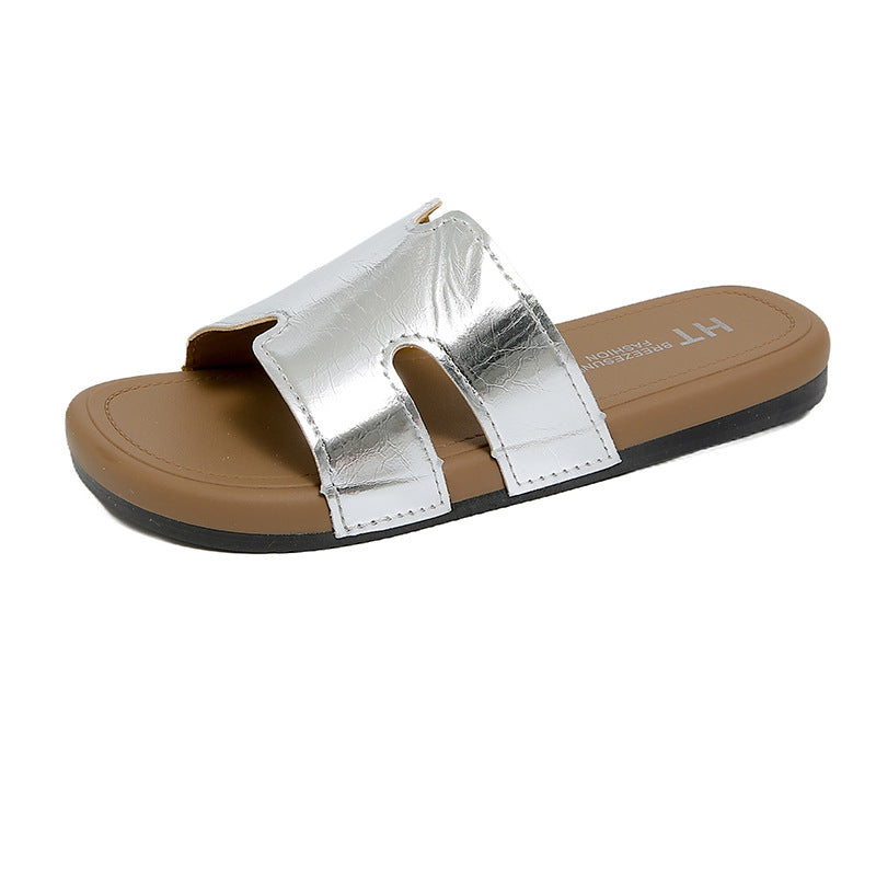 Fashionable starlight silver h strap versatile soft sole sandals & slippers - high-end french retro flat one-strap slides for women
