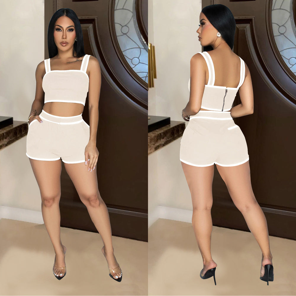 C6966 cross-border   independent station fashion women's solid color camisole and shorts two-piece set