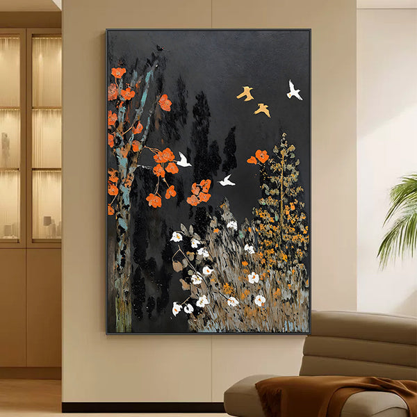 Pure hand-painted Dafen Village oil painting flowers and birds antique style corridor aisle hanging painting ink painting style living room decorative painting porch painting