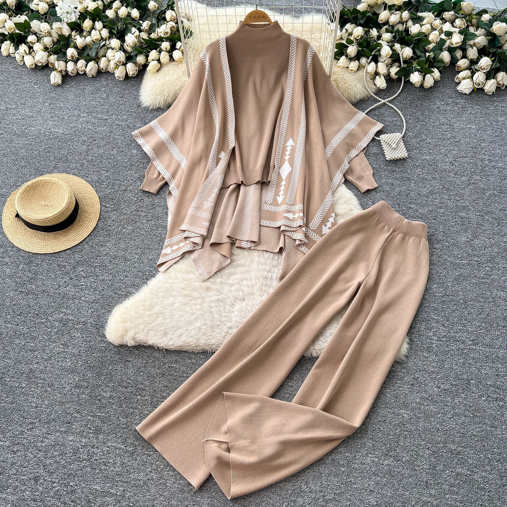 Lazy style sweatersuit women's autumcasualeasiest for match high collar knittingtopsloose outer shawl high waistpants
