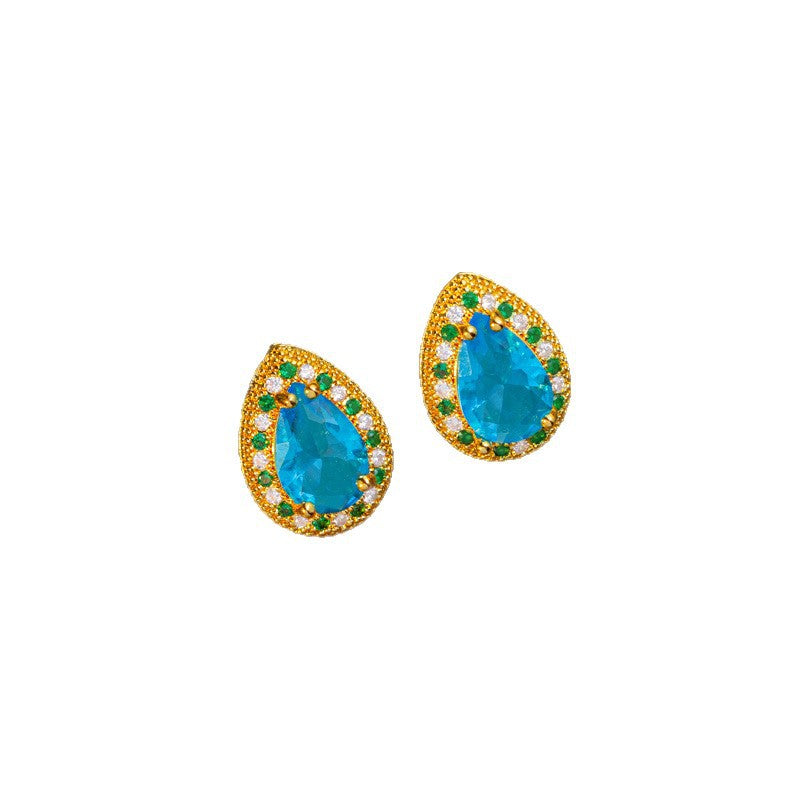 【titanium steel】new blue zircon teardrop luxury necklace and earring set, micro-paved personalized elegant stud earrings and necklace jewelry