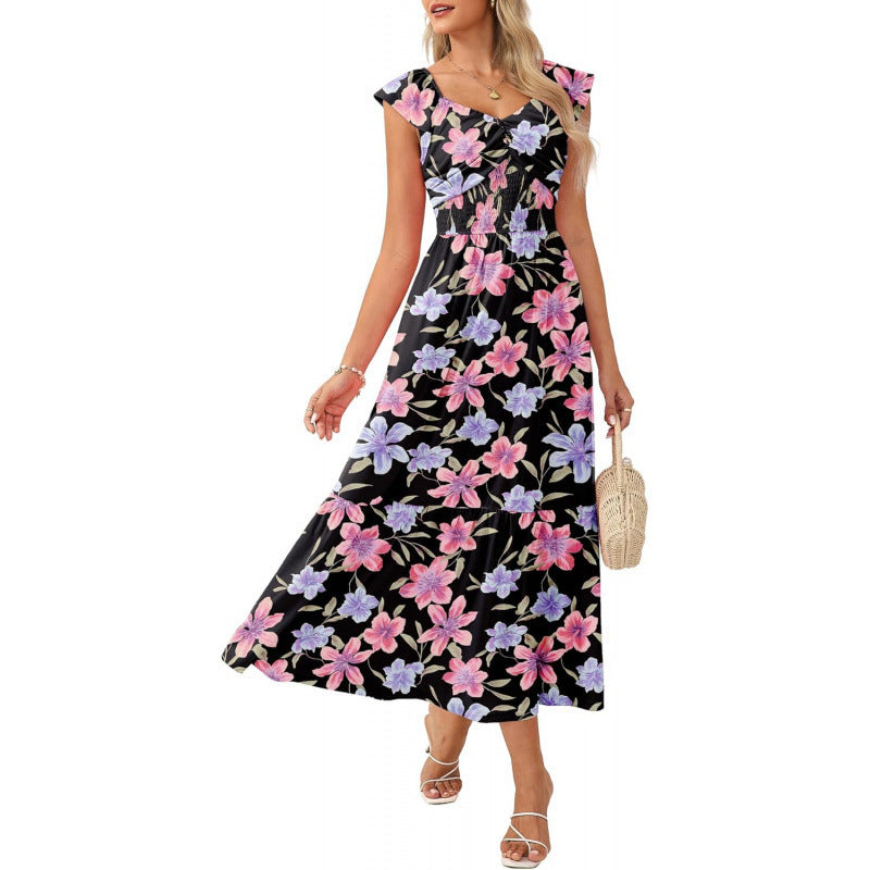 Amazon bohemian ruffle sleeve dress women's  summer new floral flowy a-line dress