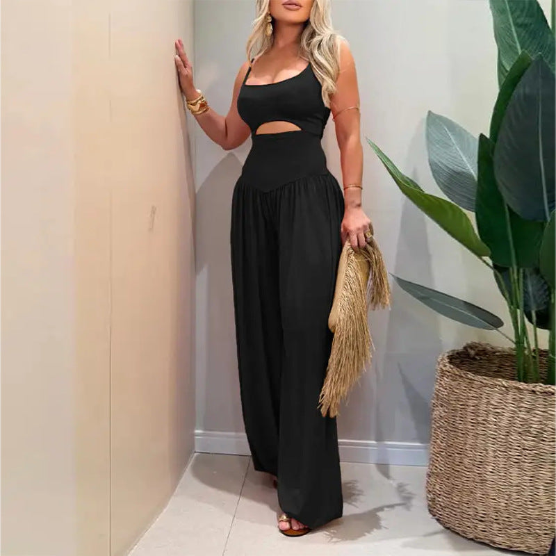 cross-border e-commerce women's clothing: new summer set - casual, loose-fit solid color camisole top and wide-leg pants two-piece outfit