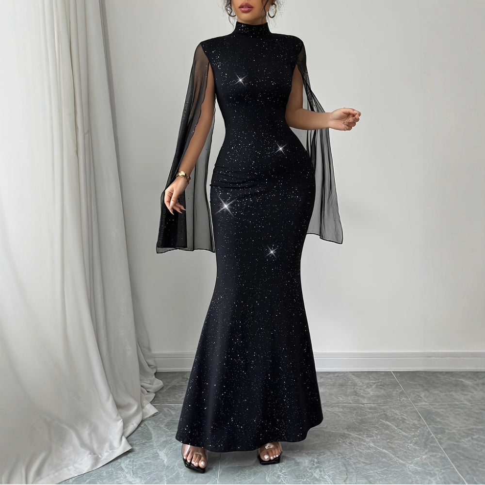european and american women's clothing: spring/autumn stand collar sparkling cape patchwork bodycon evening gown