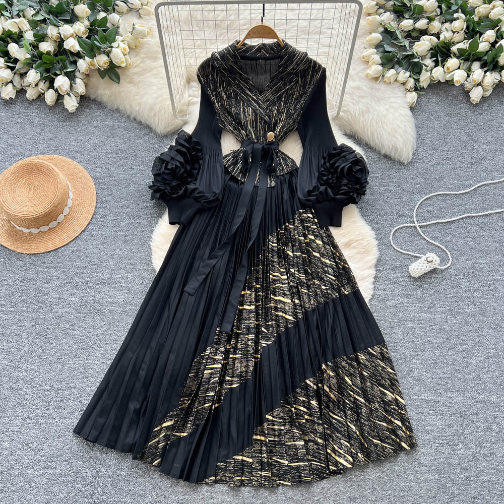 Miya european and american dress women's 2025 autumn tie-waist collared 3d floral lantern sleeve pleated maxi dress