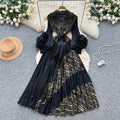 Miya european and american dress women's 2025 autumn tie-waist collared 3d floral lantern sleeve pleated maxi dress