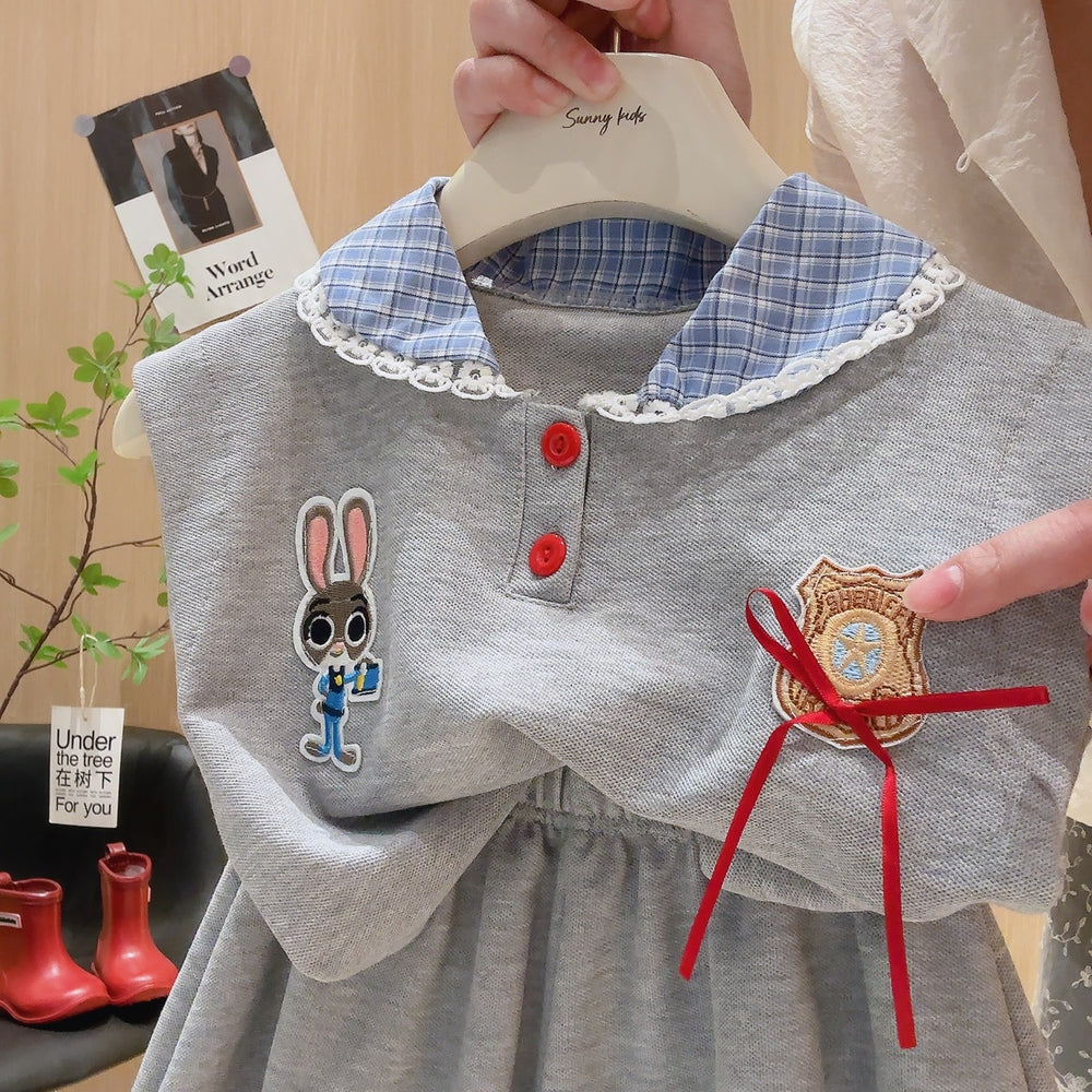 Girls' outfit set: cartoon appliqué bunny officer, 3d bow, plaid lace collar – stylish, high-quality, ready-to-wear