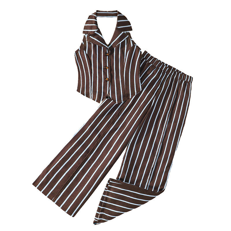 Girls' summer outfit set : new cross-border style - minimalist color block striped halter sleeveless vest top and pants