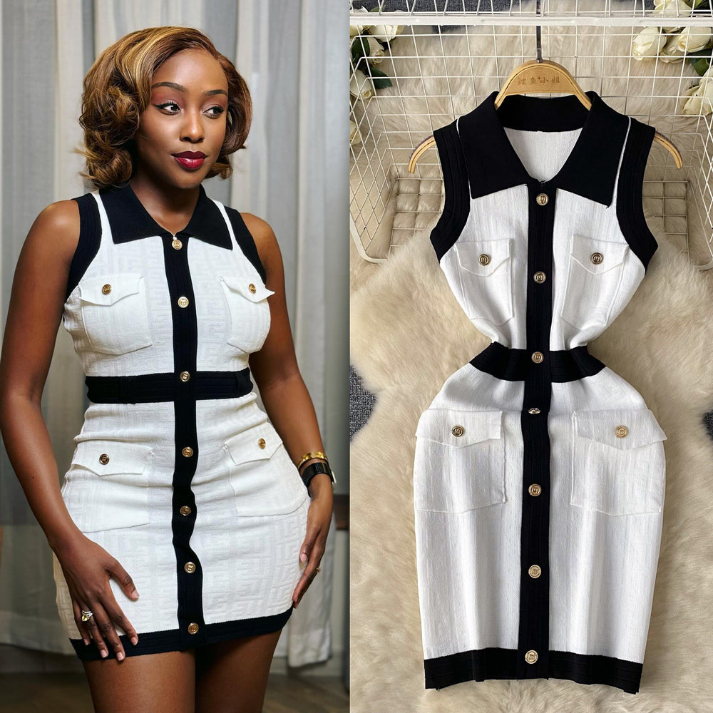 Luxury sleeveless color block knit dress - women's polo collar, single-breasted design, unique and chic