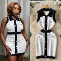 Luxury sleeveless color block knit dress - women's polo collar, single-breasted design, unique and chic
