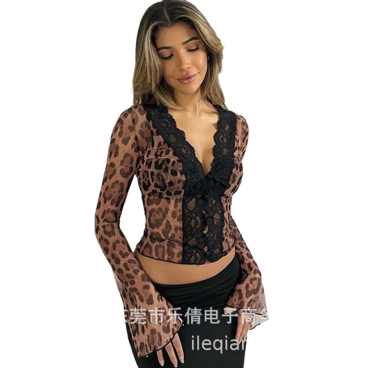 European and American   women's clothing new fashion printing sexy mesh lace cardigan Spice Girl slim-fit long-sleeved T-shirt