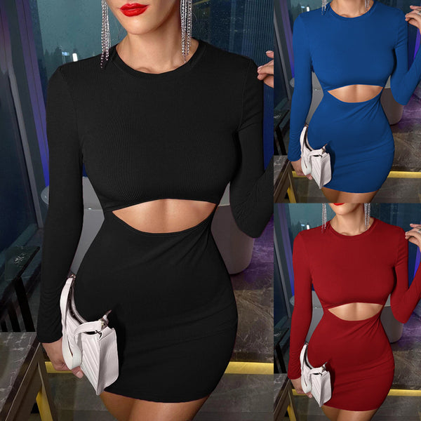 Sexy European and American women's clothing 2024  new temperament commuter round neck pullover hollow hip-wrapped long-sleeved dress
