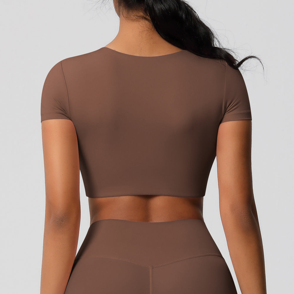 Ready-to-ship, cross-border, double-sided brushed, built-in bra, form-fitting, short-sleeve yoga top, pilates, running, and workout t-shirt for women