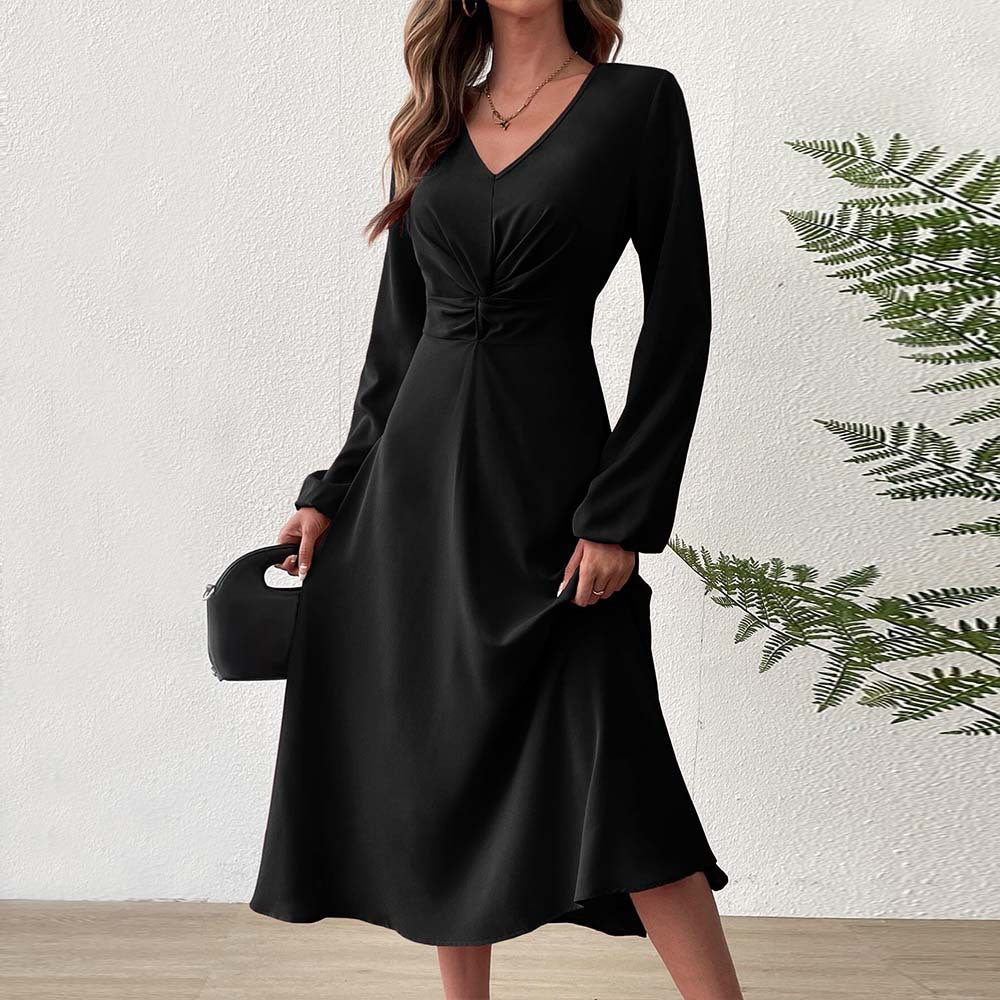 cross-border french chic v-neck dress - autumn/winter elegant a-line high-waisted midi dress