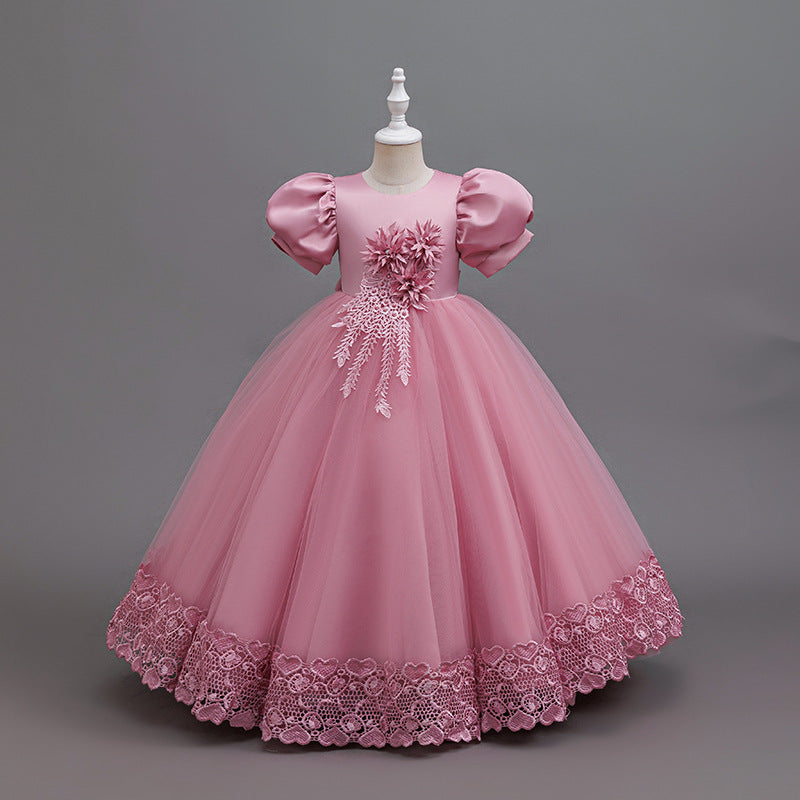 Girls' formal dress with lace trim and mesh overlay, flower girl princess dress, children's piano performance outfit, cross-border ready stock wholesale