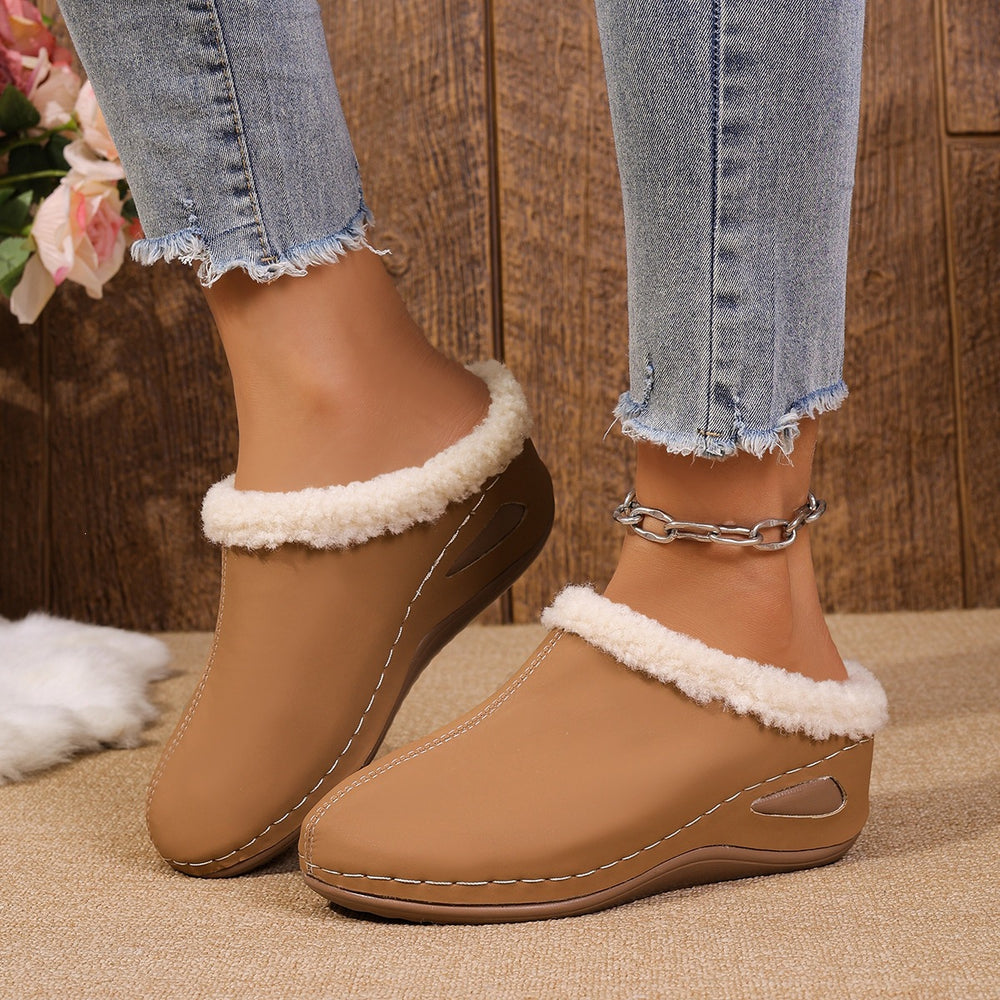 Women's plus size fleece-lined wedge slippers - new autumn  collection - thick-soled, warm, furry, closed-toe cotton slippers - size 43