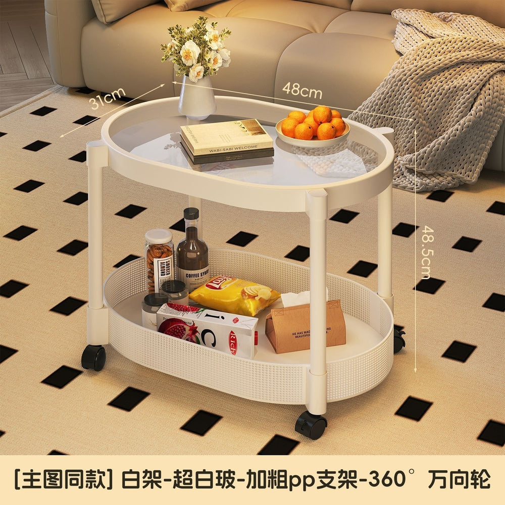 Small apartment mobile oval cream coffee table, sofa side table, small table, living room storage and snack cart
