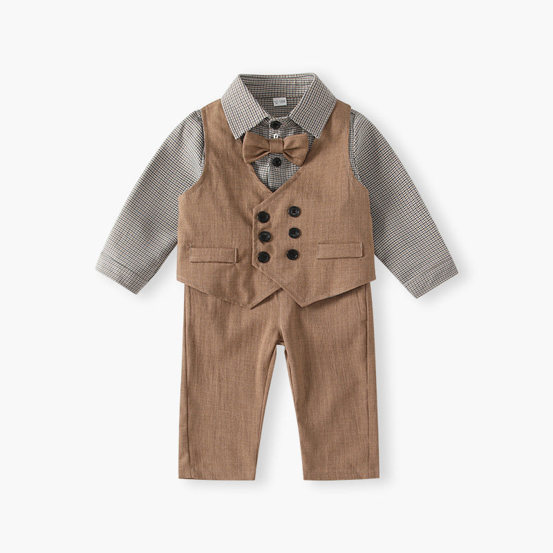Kids' vest set - spring fashionable wedding outfit, baby birthday & first birthday dress, boys' british gentleman performance costume