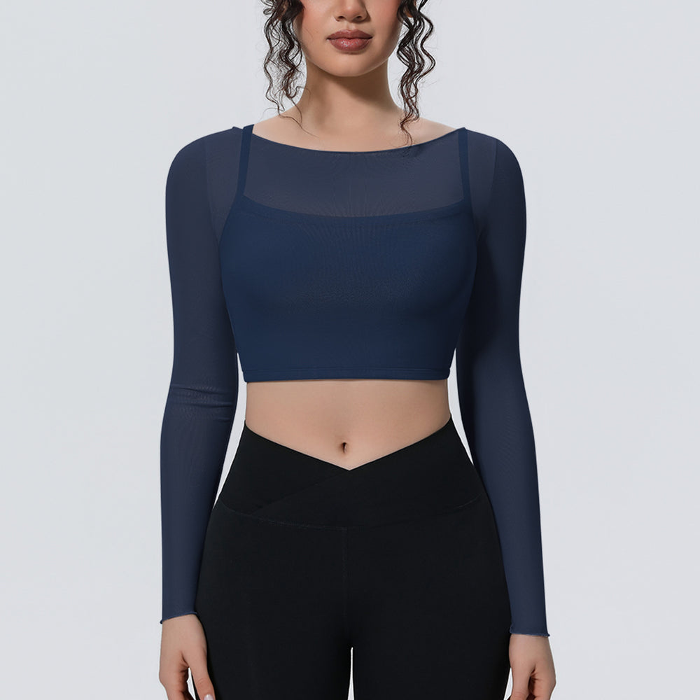 Fake two-piece mesh sports long sleeves t-shirt for women with chest pad, yoga wear tops, quick-drying slimming look outwear fitness wear