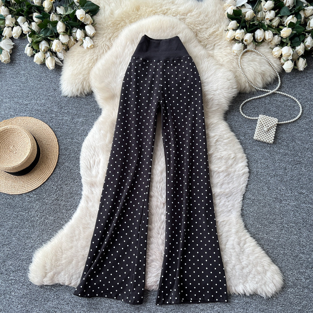 K-style high waist polka dot work clothing style casualstraight-leg pants women's summer lazy style elastic waist slimming lookelegantcasual pants