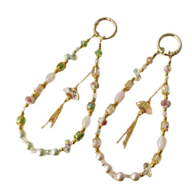 Chinese style alloy fan tassel mobile phone case lanyard handmade beaded glass flower crystal mobile phone chain bag hanging decoration