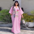European and american cross-border women's fashion:  spring new arrival - stylish casual pink v-neck striped loose long dress