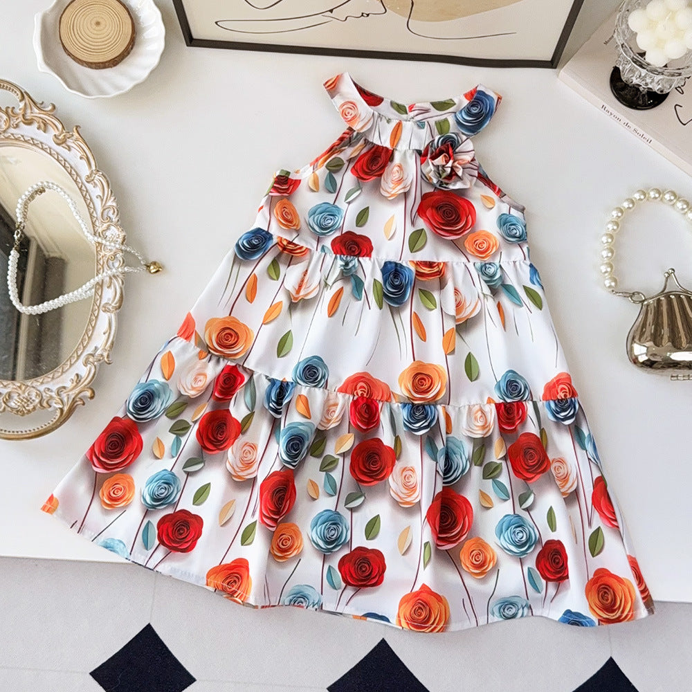 Trendy new girls' sleeveless sundress - summer halter neck floral print kids' dress - korean style bestseller