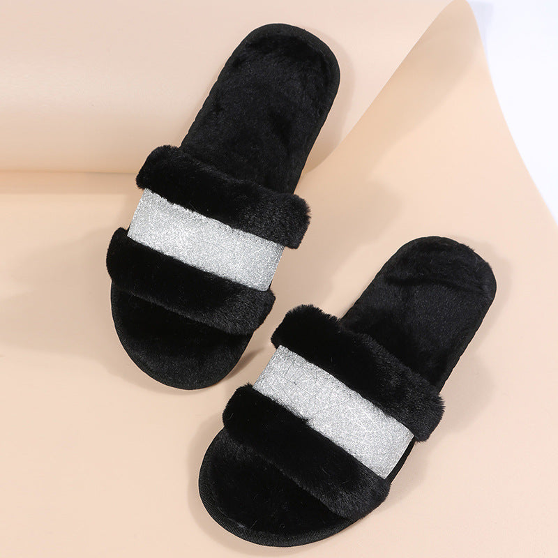 Export one-word fur slippers for girls 2024new arrivalfall and winterfashionflats slippers outwear open toe plus size cotton slippers trendy