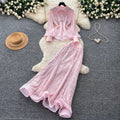 French chic sequin mesh pleated two-piece set - women's spring/autumn high-waisted tie-waist premium elegant outfit