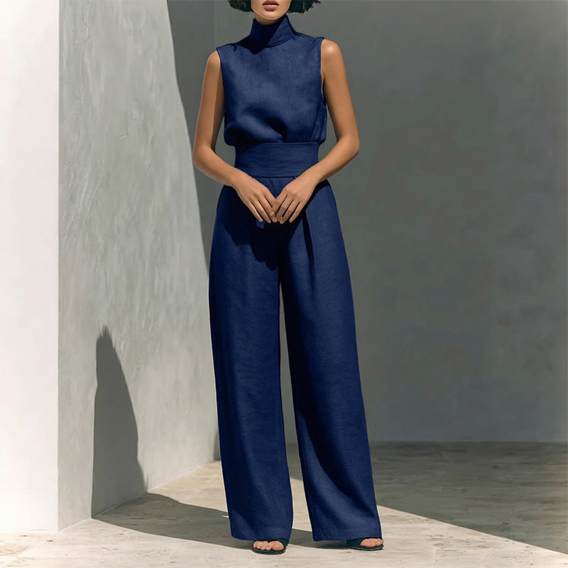 cross-border e-commerce european and american women's clothing: new summer fashion cotton linen sleeveless turtleneck long pants casual set for women