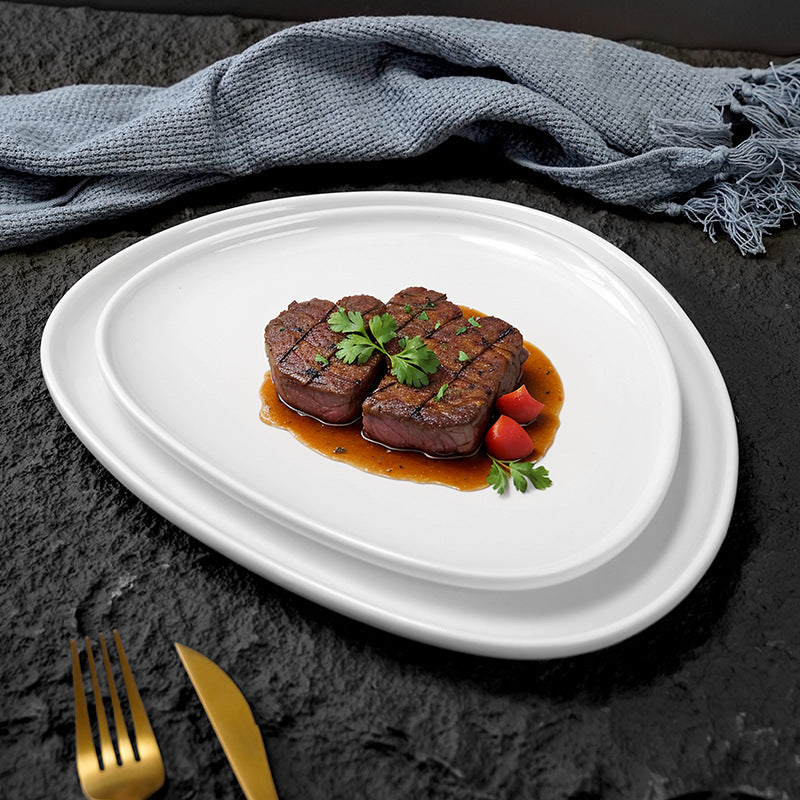 Creative minimalist ceramic steak plate - restaurant, hotel, and home use - triangular deep dish for fruit, salad, and baking