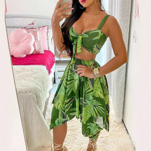 Two-piece suspender print skirt