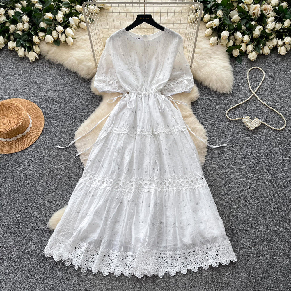 French chic a-line dress - women's summer korean style short sleeve waist-defining lace trim maxi dress