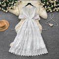 French chic a-line dress - women's summer korean style short sleeve waist-defining lace trim maxi dress