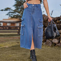 Fashion cross-border women's clothing  new arrival american hot girl elastic waist denim workwear casual mid-length skirt skirt