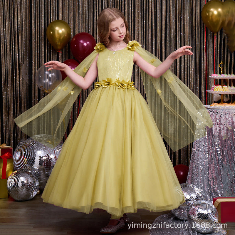 Custom-made girls' tulle dress, longline bow detail, children's princess gown with shawl, elegant european and american style, cross-border e-commerce