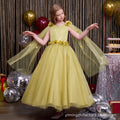 Custom-made girls' tulle dress, longline bow detail, children's princess gown with shawl, elegant european and american style, cross-border e-commerce