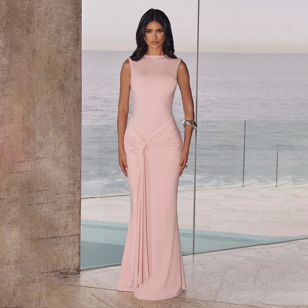 european and american autumn new arrival: fashionable solid color sleeveless ribbon dress - women's sexy backless pleated maxi dress