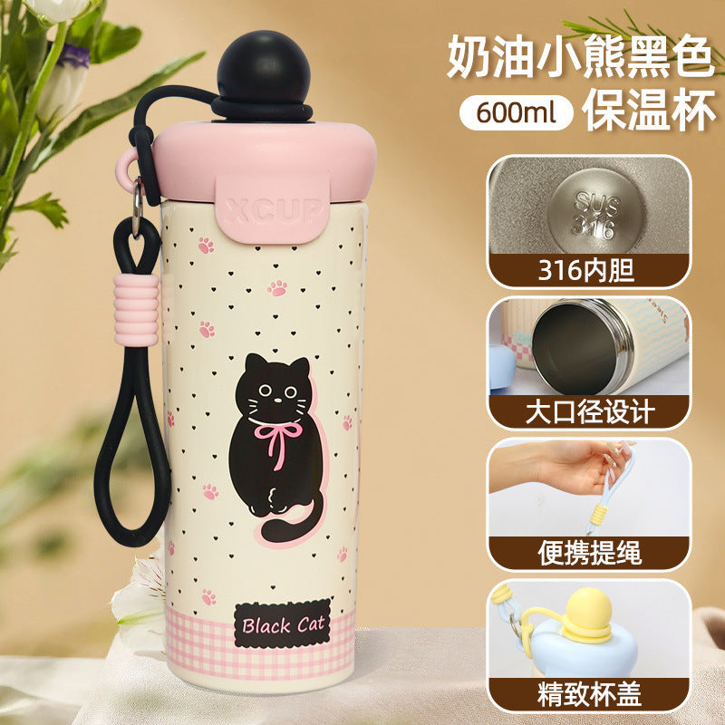 Cartoon floating ball thermos cup for girls, high-looking new arrival large-capacity water cup for students, straw cup wholesale