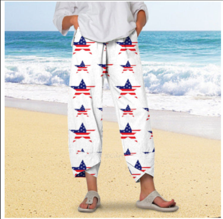 new  wide-leg pants: relaxed fit, cotton linen blend, printed, pocketed, elastic waist, cropped length - women's - in stock