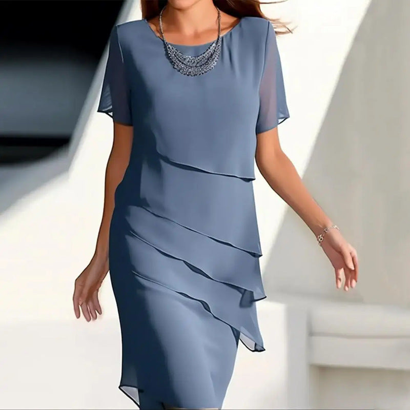 independent station new arrival summer silmdresspatchwork chiffon round neck short-sleeved dress for women