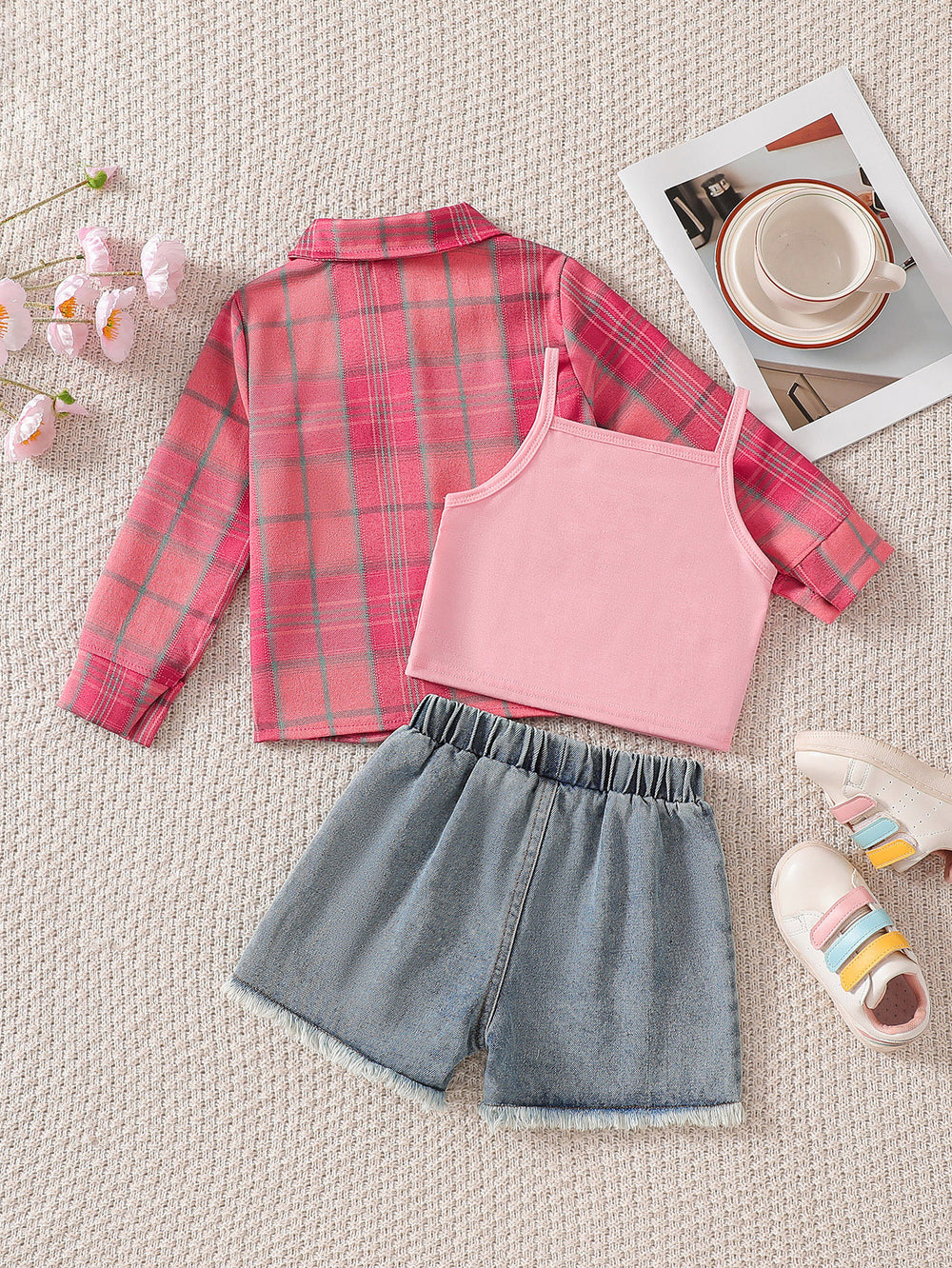 cross-border exclusive lapel plaid shirt camisole + heavy-duty washed beaded jeans three-piece set